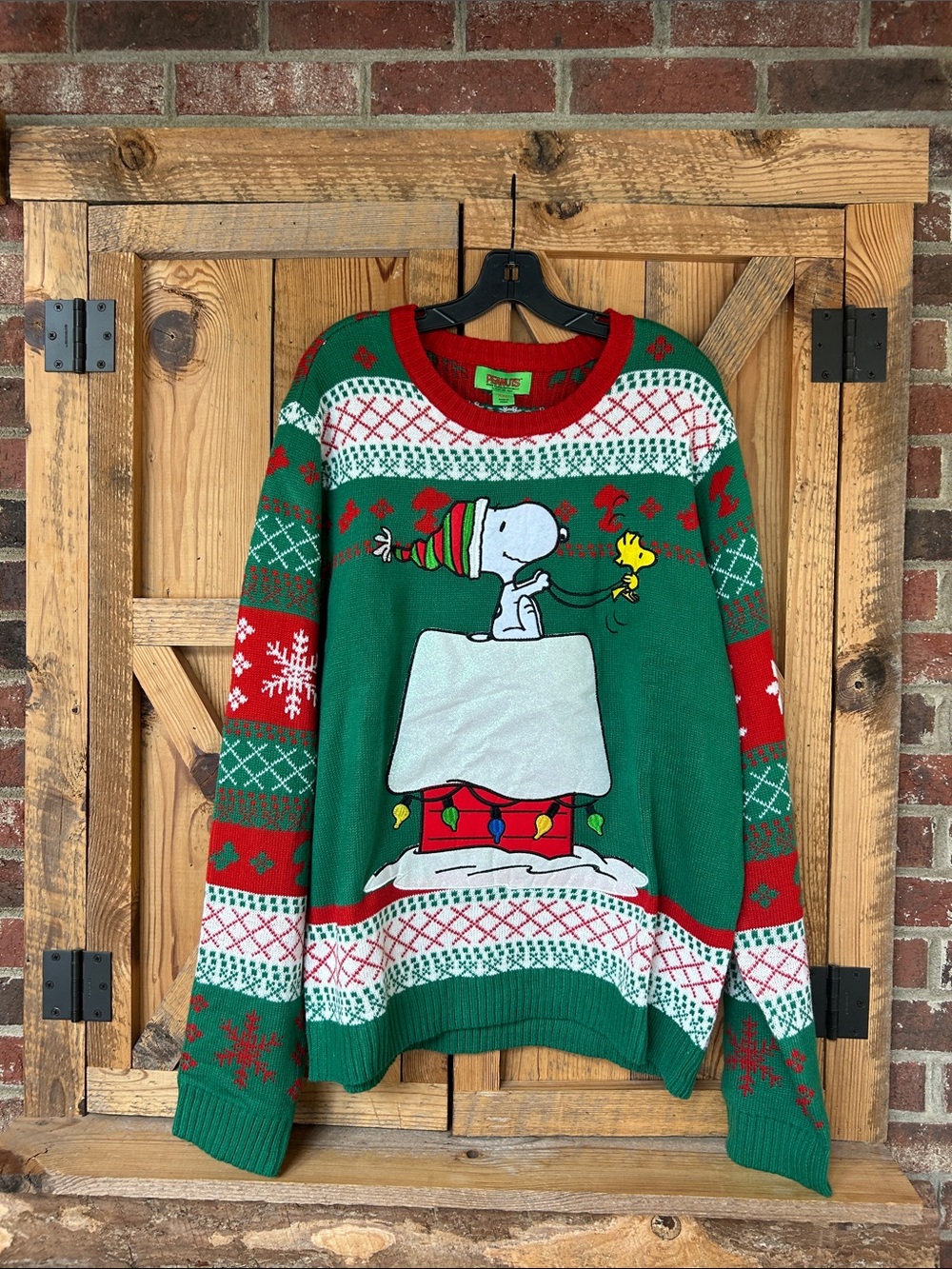 Peanuts Brand Green & Red Snoopy Woodstock Holiday Crewneck Sweater XXL LIKE NEW